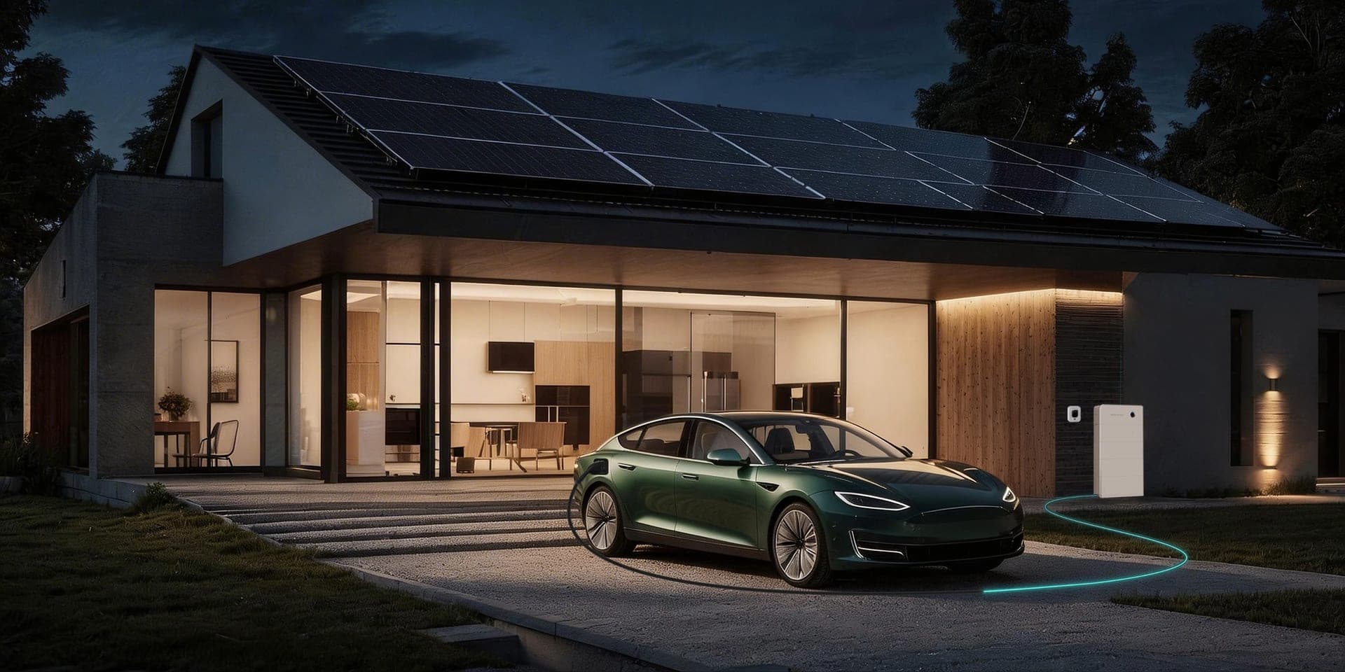Maison moderne avec panneaux solaires, voiture électrique et batterie Sigenergy